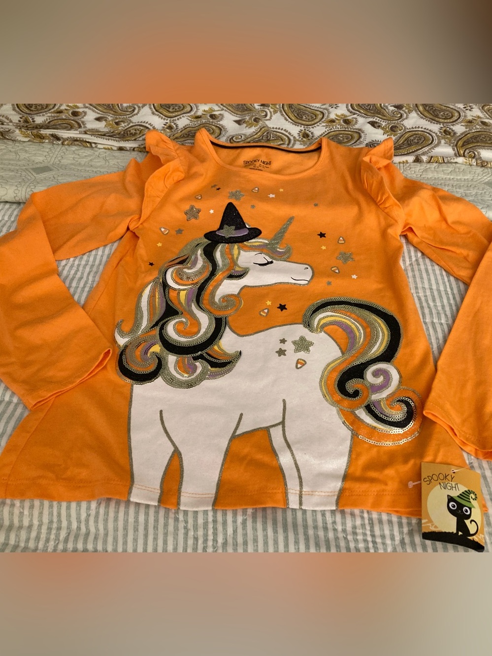 NWT Spooky Night Girl’s Halloween Sequin Unicorn Witch Long Sleeve Shirt Sz L